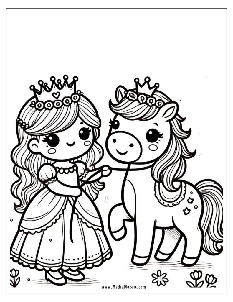 princess and unicorn coloring page, free printable princess coloring page