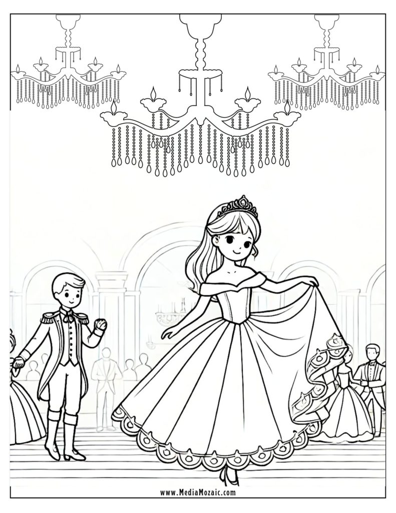 princess in a ball picture to color for kids, palace coloring page, 