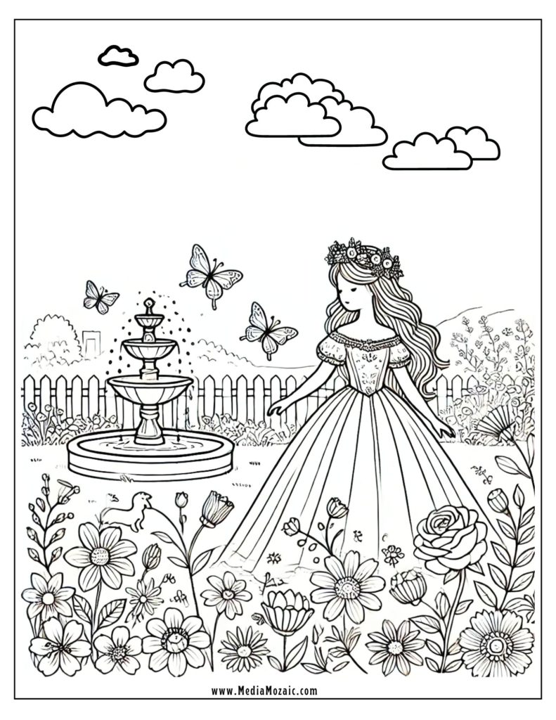 royal garden coloring page, princess in her garden coloring page,