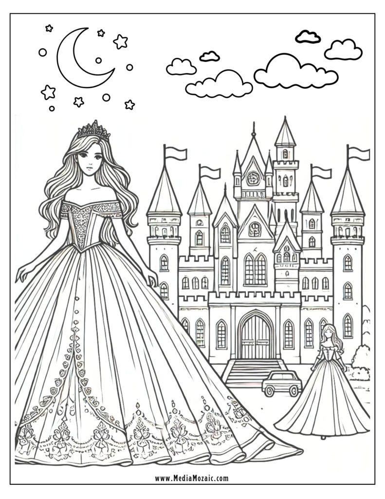 princess and her castle coloring sheets for kids, 