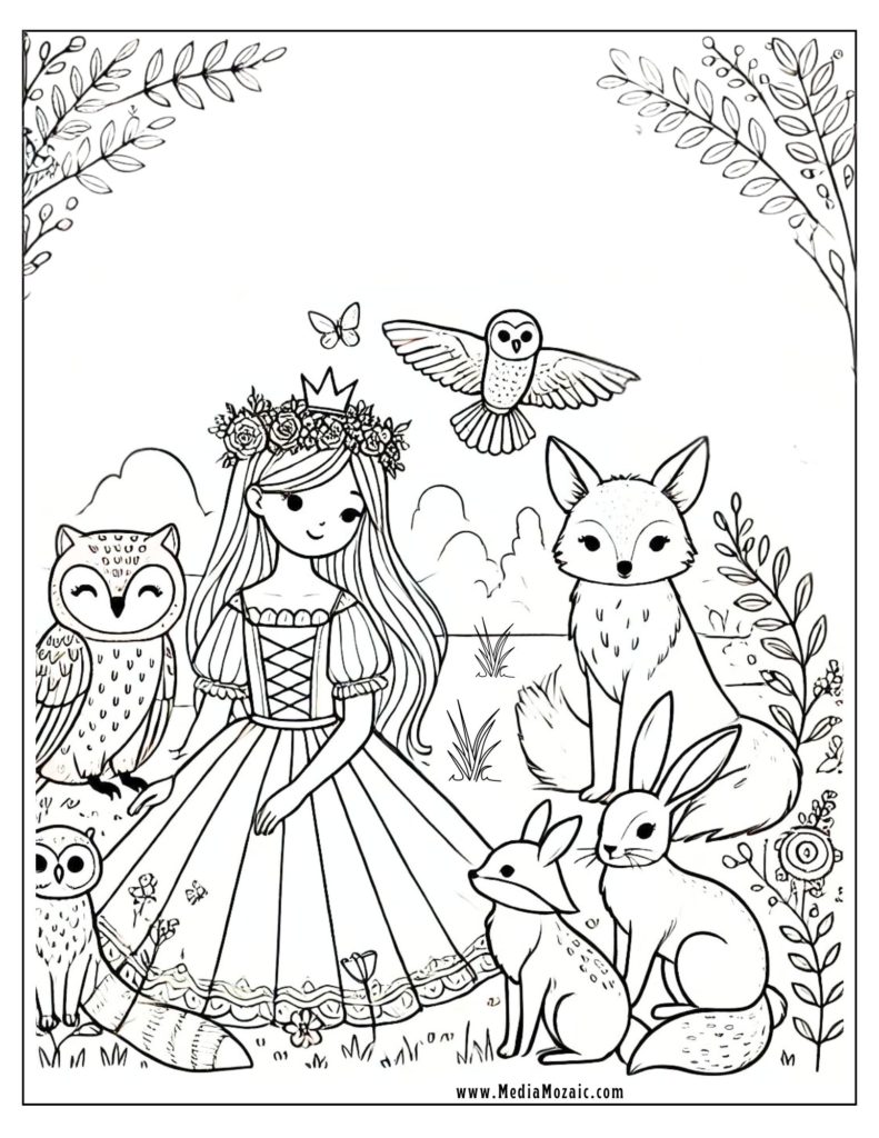 animal coloring pages, princess and animal friends coloring sheets, 