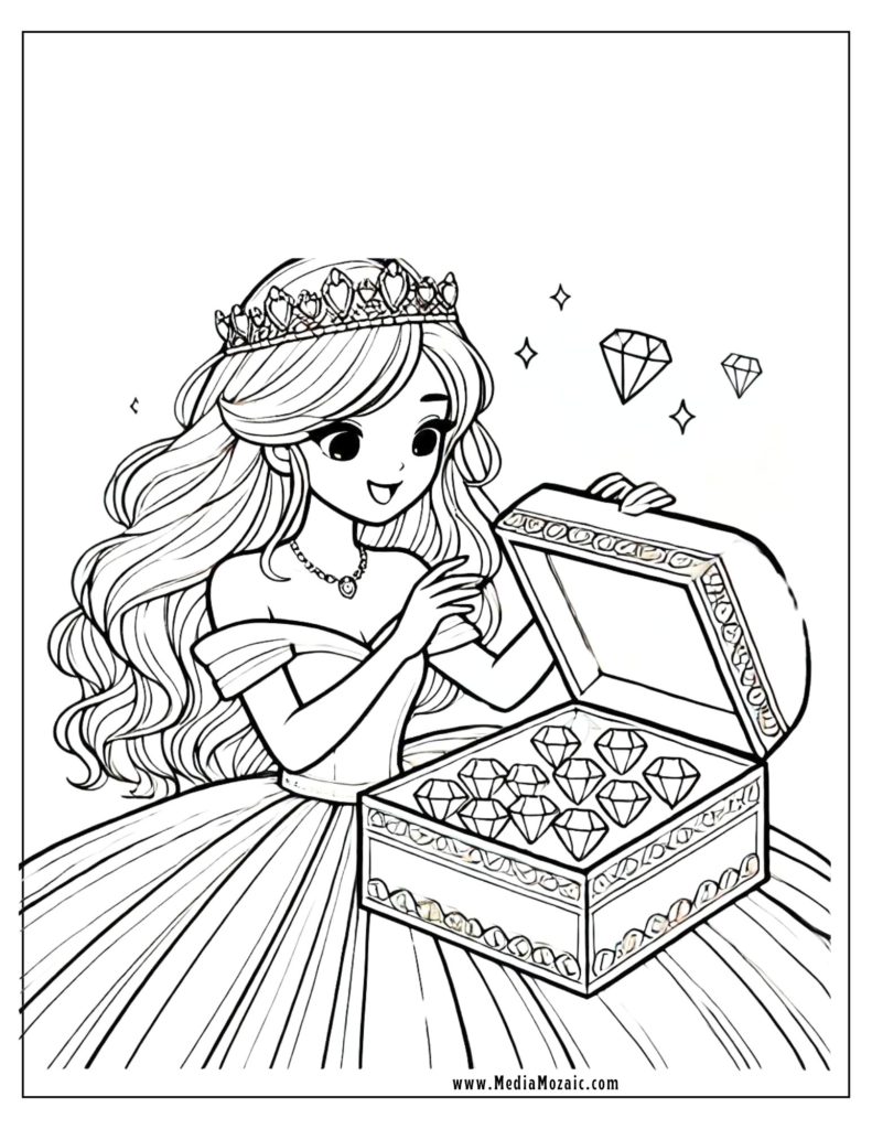 princess with jewels colouring pages, free princess coloring sheets for kids, 