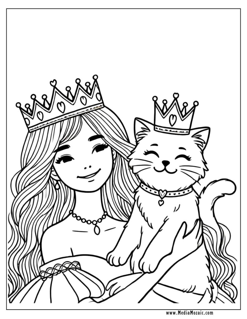 palace pets coloring pages, princess and cat coloring sheets,