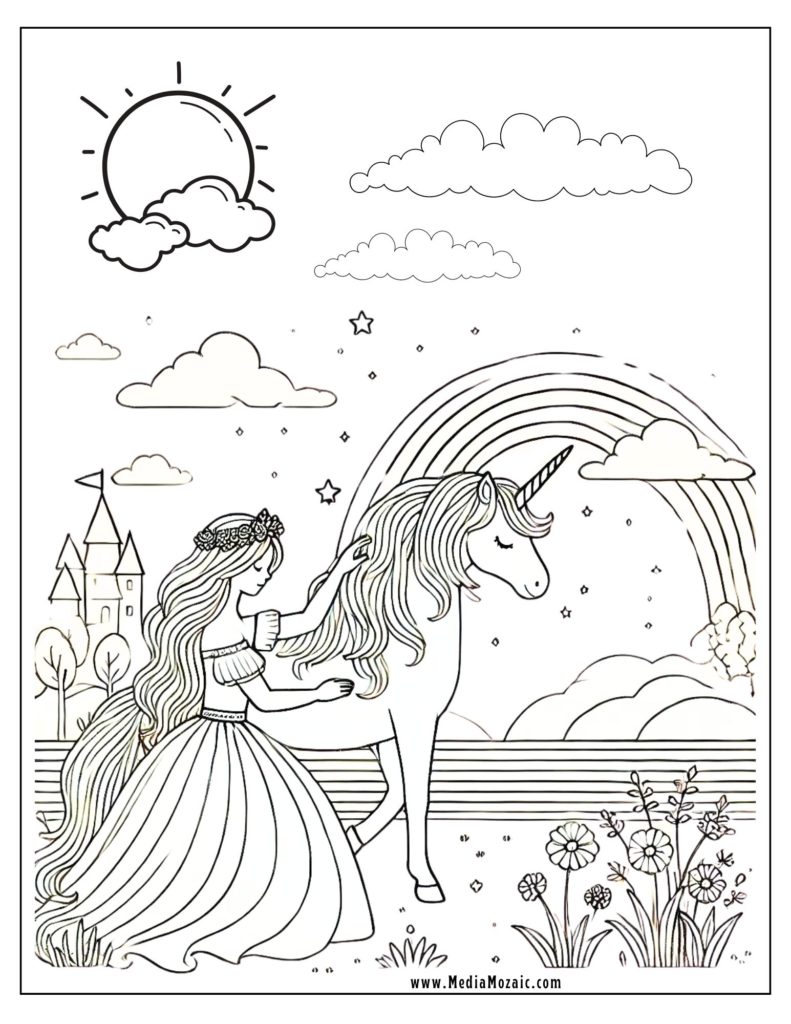 princess with unicorn Coloring sheet