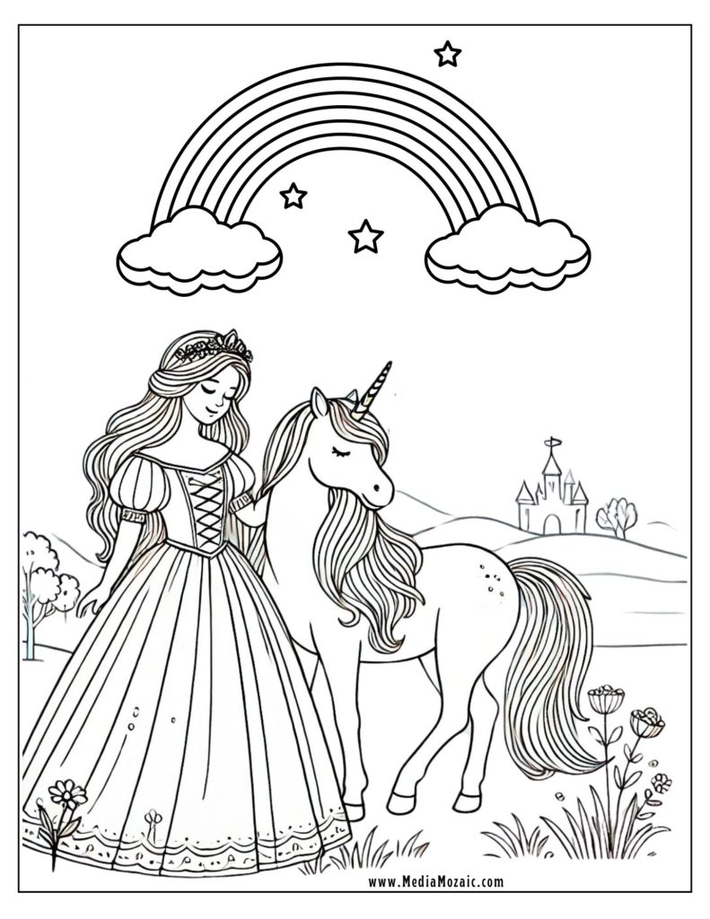 princess with unicorn coloring page