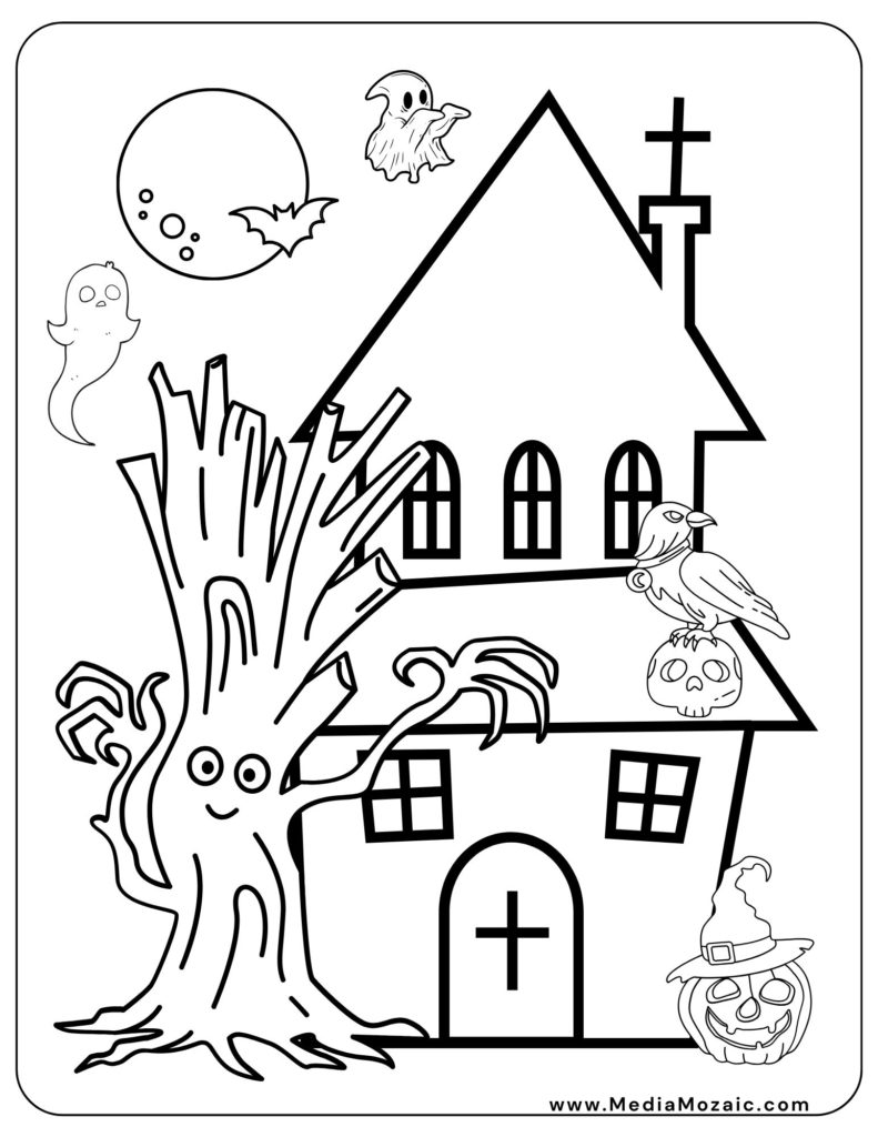 haunted house coloring pages, halloween coloring sheets for kids