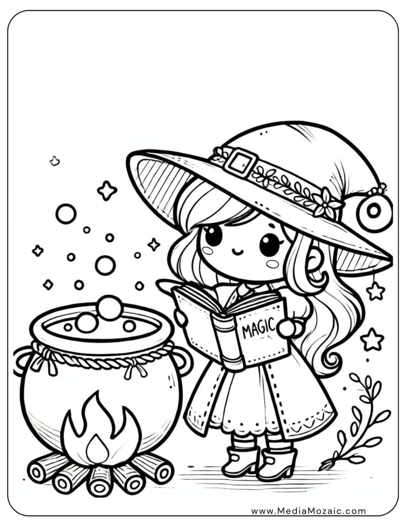 witch coloring pages, halloween coloring pages, cute witch halloween coloring, magic cauldron coloring pages