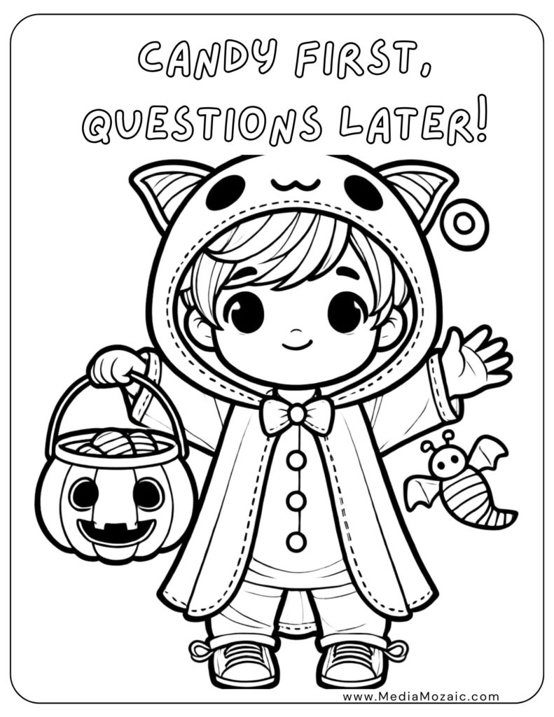 trick or treat coloring pages, halloween coloring pages for kids, cute halloween coloring pages, coloring sheets for halloween, trick or treat coloring page with quotes