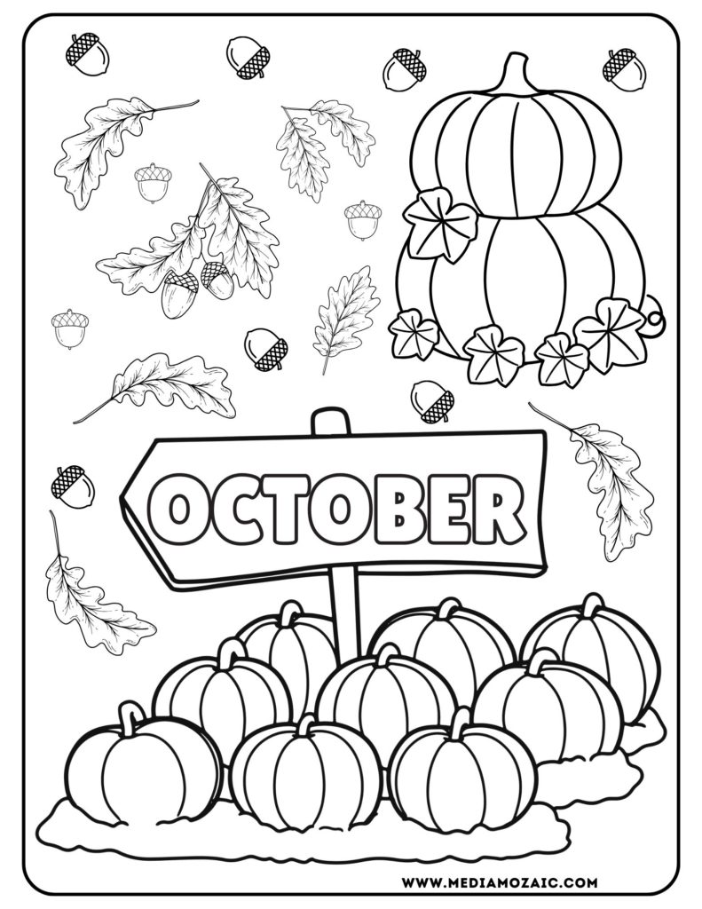 acorn coloring page, fall coloring pages, free printable October coloring page, pumpkins coloring page, 