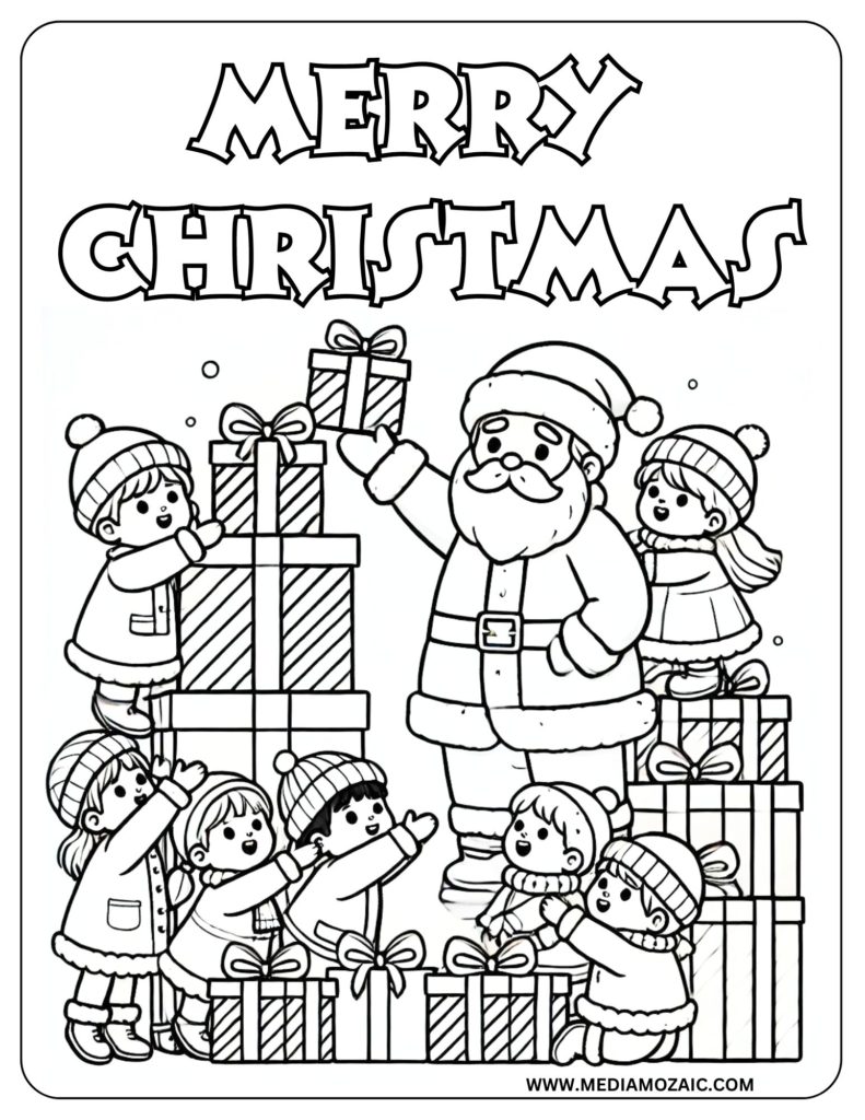 santa Coloring pages, Christmas coloring pages, Santa Claus coloring pages, Christmas santa coloring sheets, santa and gifts free printable santa coloring pages, santa printable coloring pages