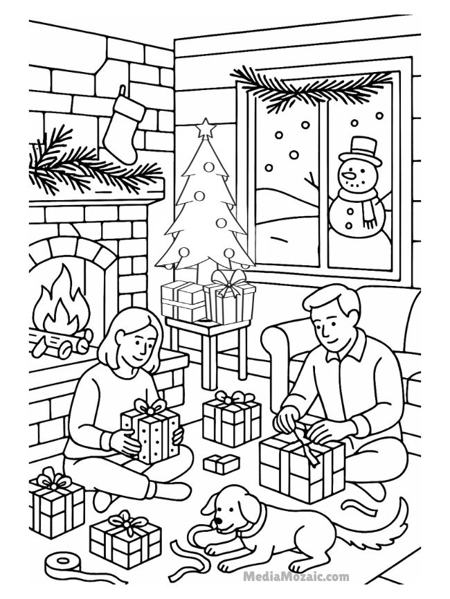 25 Free Printable Christmas Coloring Pages 19 Line art of a couple sitting on the floor wrapping Christmas presents near a fireplace and tree, with a dog playing with ribbon and a snowman visible outside the window,free printable Christmas coloring pages, printable Santa's workshop coloring pages, Christmas colouring in pictures, Christmas printable coloring pages, Christmas theme coloring pages, Christmas colouring, coloring pages Christmas, Christmas coloring pages, Christmas colouring in, Christmas colouring sheets.