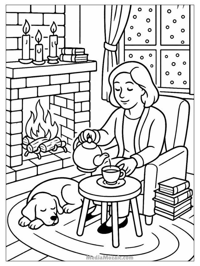 12 Free Printable Winter Coloring Pages for Kids & Adults 12 cozy winter indoors coloring page with woman pouring coffee in the mug,