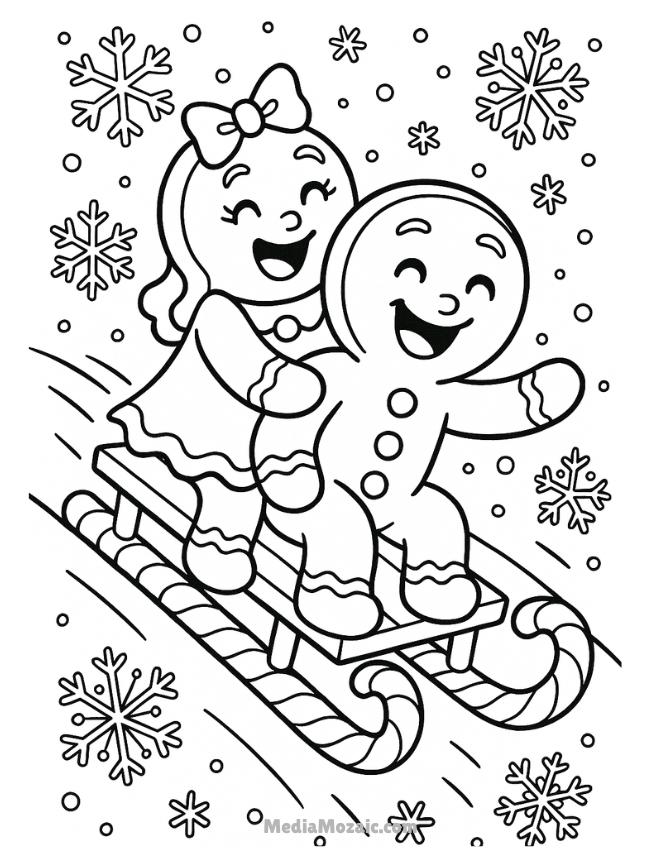25 Free Printable Christmas Coloring Pages 25 Line art of two cheerful gingerbread characters sledding down a snowy hill, surrounded by snowflakes and riding a sleigh made of candy canes.