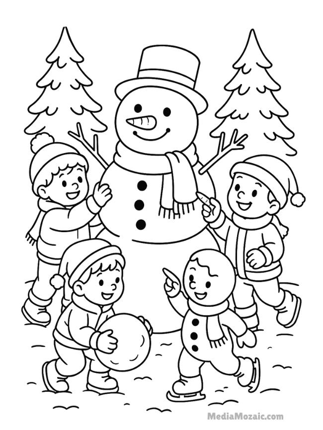 12 Free Printable Winter Coloring Pages for Kids & Adults 9 kids making snowman coloring pages for kids, winter vibes coloring pages for kids, snowman coloring pages free printable, december coloring pages,