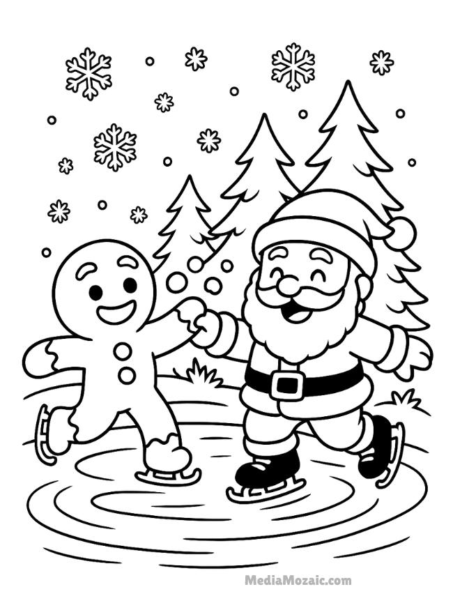 25 Free Printable Christmas Coloring Pages 17 Santa and gingerbread man dancing on the snow with the snow capped trees in the background and snowflakes coming down,free printable Christmas coloring pages, printable Santa's workshop coloring pages, Christmas colouring in pictures, Christmas printable coloring pages, Christmas theme coloring pages, Christmas colouring, coloring pages Christmas, Christmas coloring pages, Christmas colouring in, Christmas colouring sheets.