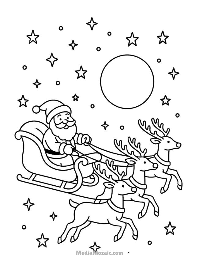 25 Free Printable Christmas Coloring Pages 18 Santa sleigh colouring pages with reindeer's and Santa against a big moon and stars background, free printable, Christmas coloring, pages, Christmas, printable, December colouring sheets, winter colouring pages for all ages,free printable Christmas coloring pages, printable Santa's workshop coloring pages, Christmas colouring in pictures, Christmas printable coloring pages, Christmas theme coloring pages, Christmas colouring, coloring pages Christmas, Christmas coloring pages, Christmas colouring in, Christmas colouring sheets.