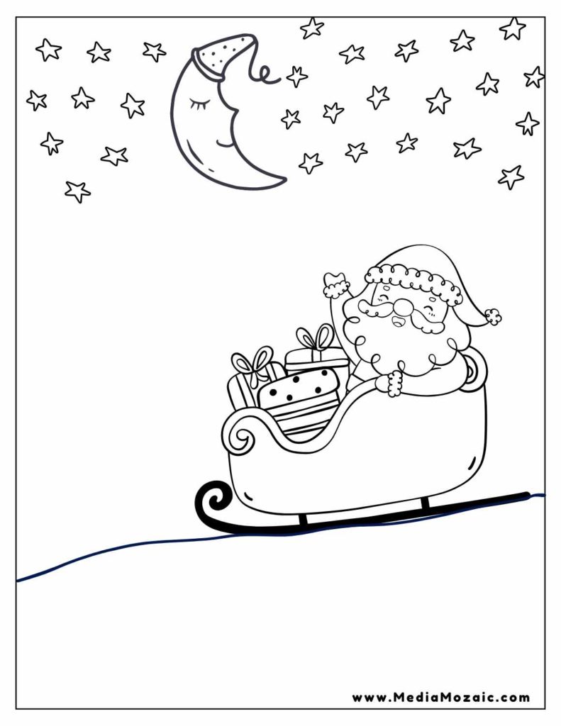 santa Coloring pages, christmas night coloring page, winter coloring pages, Santa sleign coloring pages