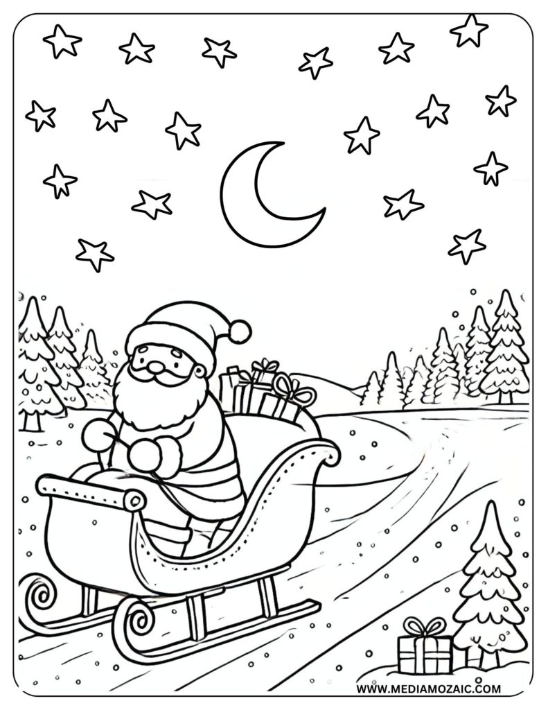 santa Coloring pages, Christmas coloring pages, Santa Claus coloring pages, Christmas santa coloring sheets, Christmas night coloring page