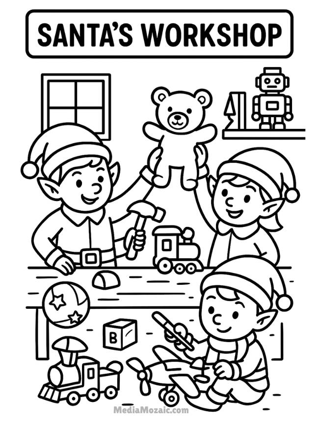 25 Free Printable Christmas Coloring Pages 16 Santas workshop colouring page with elves doing work with Christmas toys, free, printable, Christmas colouring pages for all ages, winter coloring, pages summer colouring sheets,free printable Christmas coloring pages, printable Santa's workshop coloring pages, Christmas colouring in pictures, Christmas printable coloring pages, Christmas theme coloring pages, Christmas colouring, coloring pages Christmas, Christmas coloring pages, Christmas colouring in, Christmas colouring sheets.