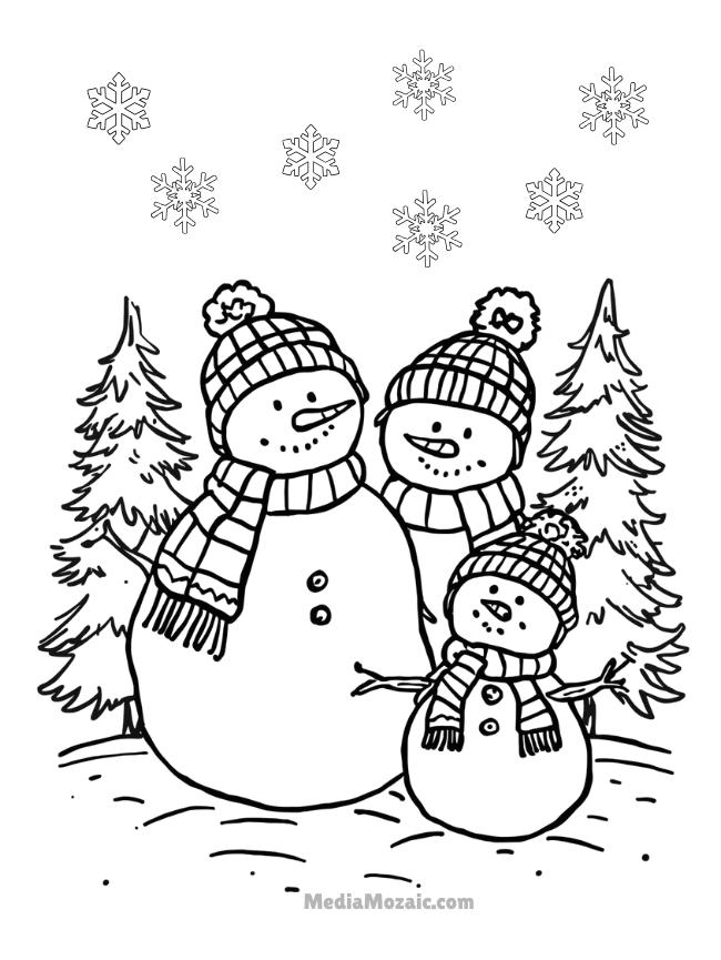 12 Free Printable Winter Coloring Pages for Kids & Adults 10 snowman family winter free printable coloring pages, snowman with hats coloring images,