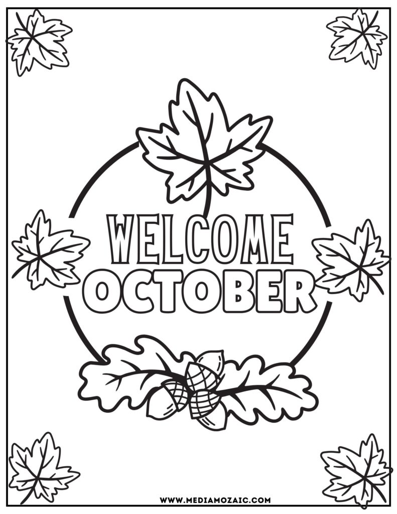 welcome October coloring pages, fall leaves coloring page, fall coloring pages, free printable October coloring page, 