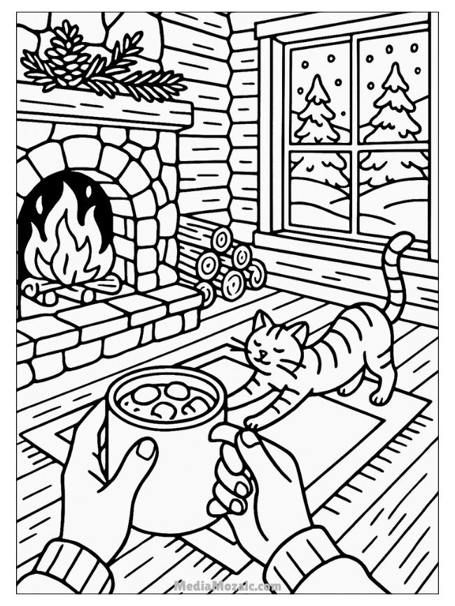 12 Free Printable Winter Coloring Pages for Kids & Adults 13 cozy winter coloring pages with fireplace and outdoor view of fur treew with snow