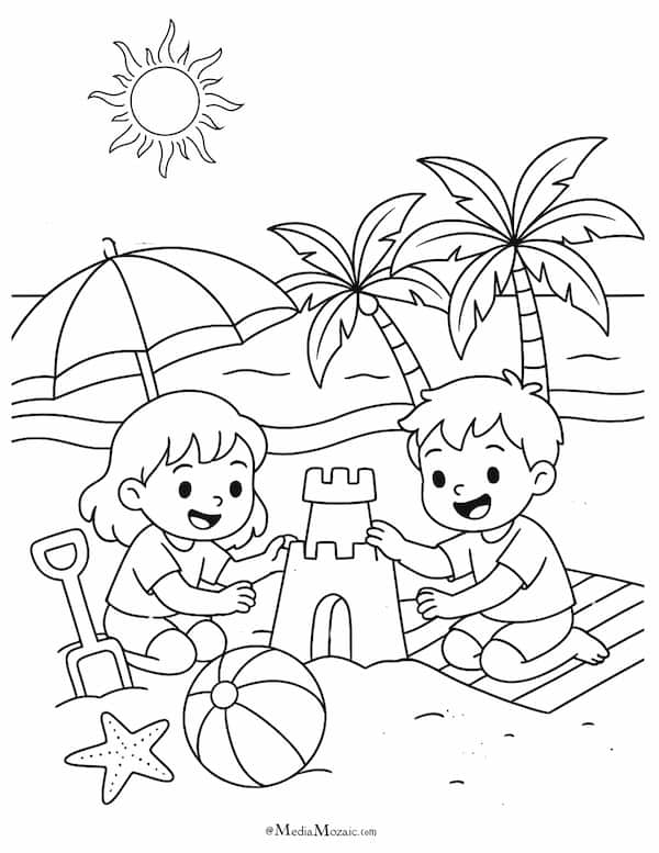 22 Beach Coloring Pages Free Printable PDFs 6 kids on beach coloring images, beach coloring pages with kids, summer coloring pages,