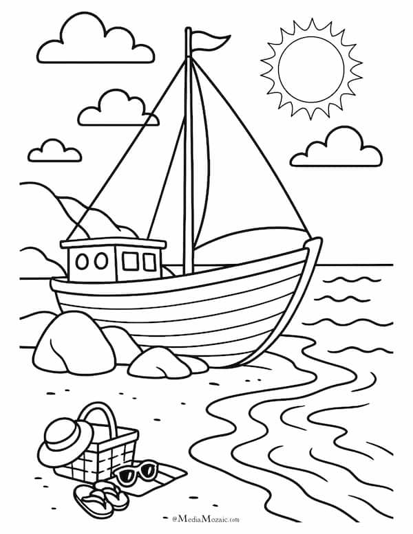 22 Beach Coloring Pages Free Printable PDFs 9 boat coloring page, sea beach coloring page, beach coloring image with boat, summer coloring pages, ocean coloring pages,