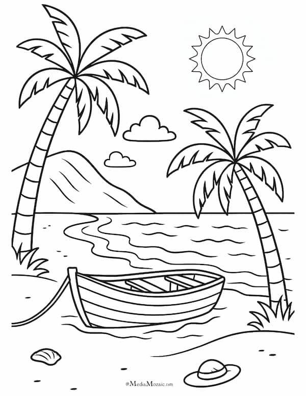 22 Beach Coloring Pages Free Printable PDFs 10 beach coloring pages, beach coloring pages with palm trees and boats, summertime coloring pages