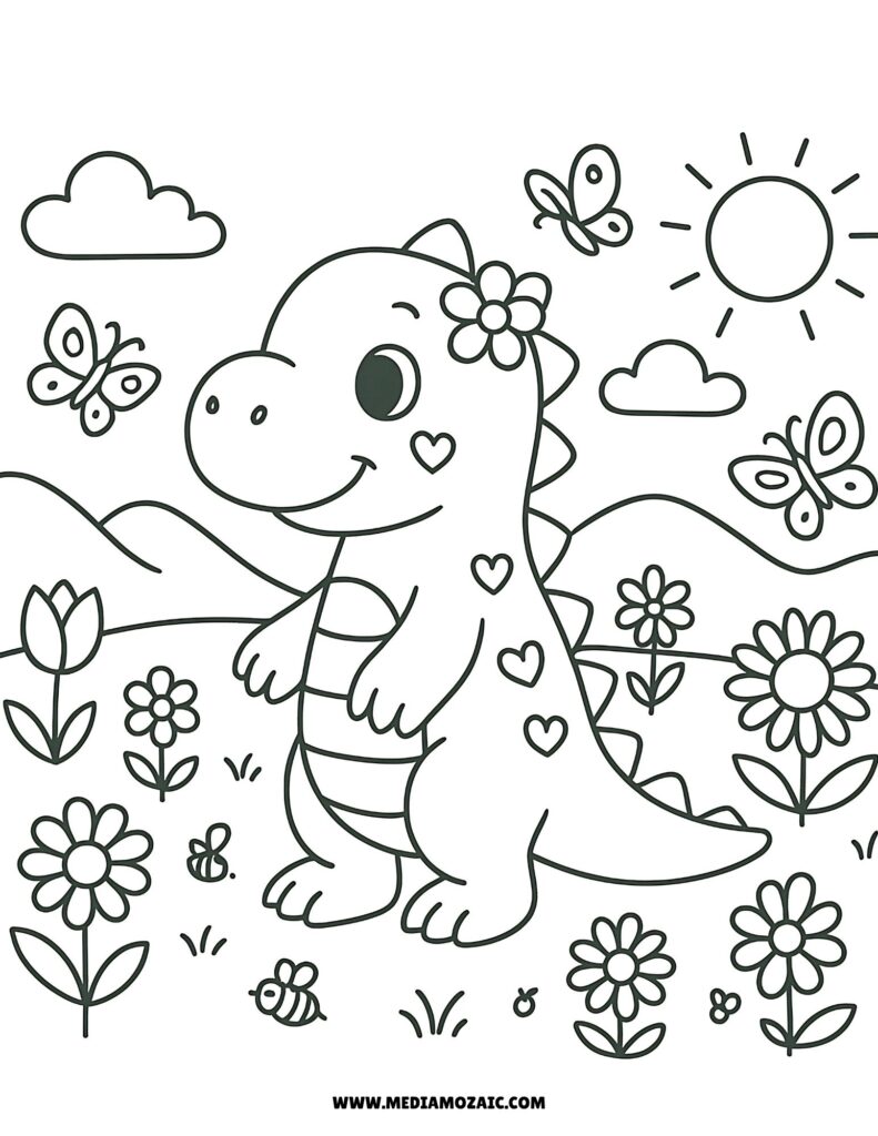 14 Simple & Cute Dinosaur Coloring Pages(Printable Free PDFs) 3 cute little babay dinosaur in a garden coloring page