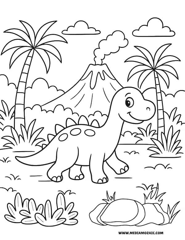 14 Simple & Cute Dinosaur Coloring Pages(Printable Free PDFs) 9 cute dinosuar waling through a jungle,