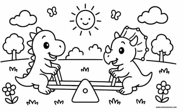 14 Simple & Cute Dinosaur Coloring Pages(Printable Free PDFs) 13 dinosuar playing on seesaw coloring image for kids