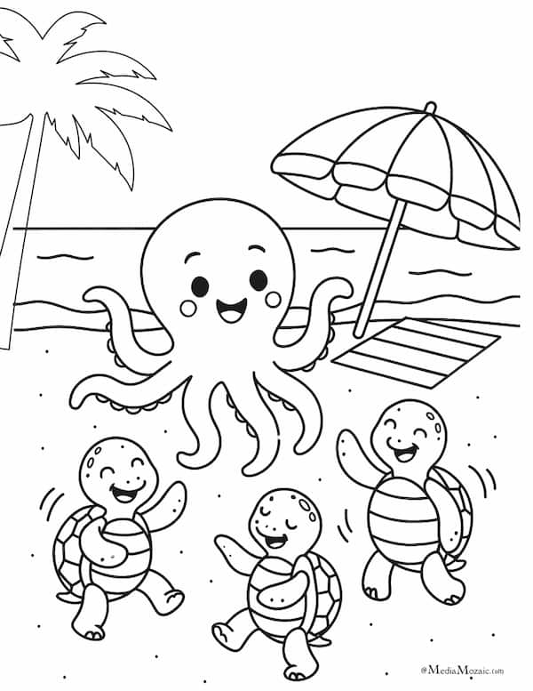 22 Beach Coloring Pages Free Printable PDFs 5 funny beach coloring page with octupus and turtles dance, coloring pages for beach, summer coloring pages