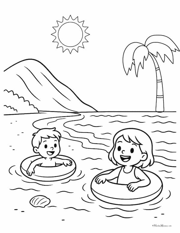 22 Beach Coloring Pages Free Printable PDFs 8 kids swimming on the beach coloring page, summer coloring pages, ocean coloring pages