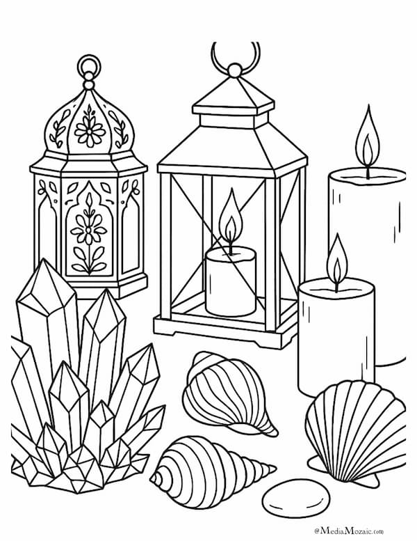 12 Free Printable Boho Coloring Pages 10 Aesthetic Coloring Pages, Sacred Still Life; Crystals, Candles