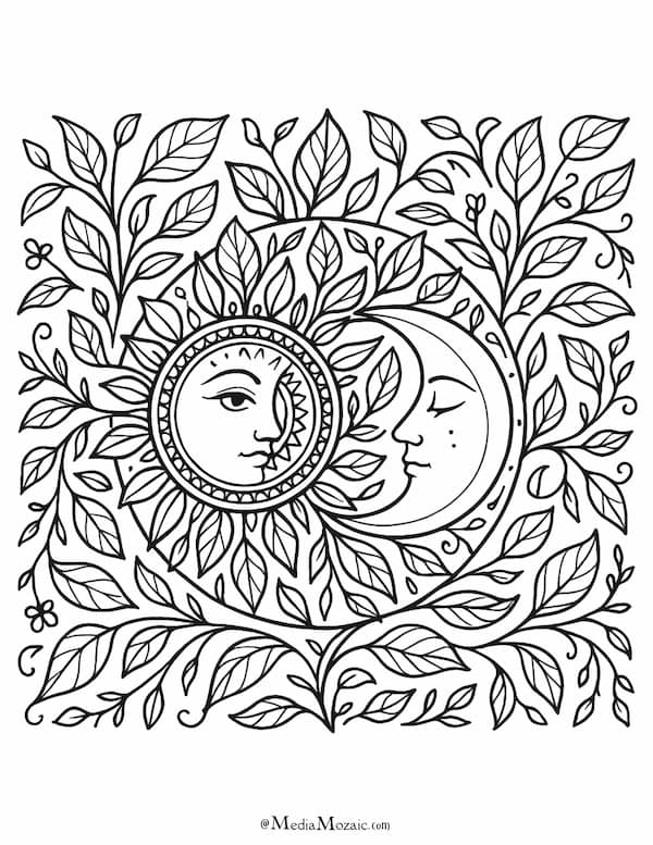 25+ Free Printable Mandala Coloring Pages to Relax and Unwind (PDF Download) 11 sun and moon coloring page,
celestial printable design,
nature and cosmos coloring sheet, nature mandala,printable mandala coloring pages
