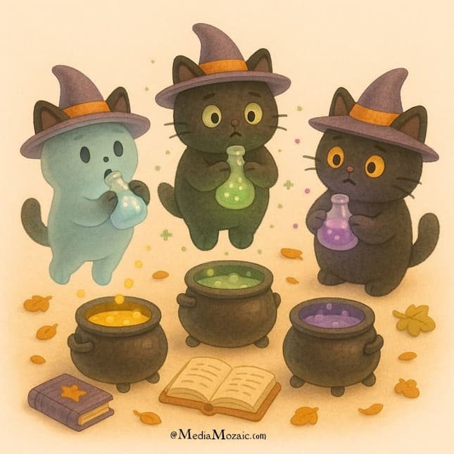 Funny Halloween Images Created with AI(Free Download) 4 halloween clipart cute, funnu halloween images, halloween funny clipart wih cats in tiny witch hats