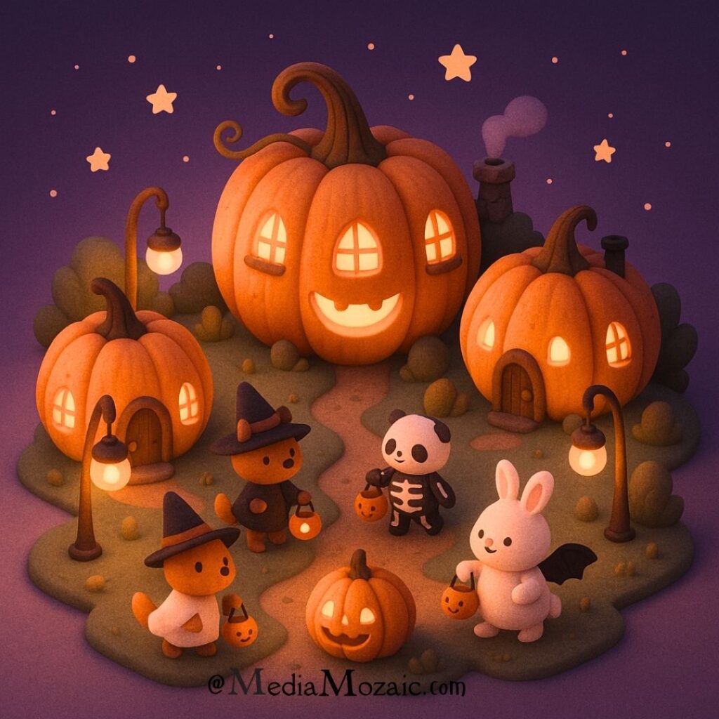 Cute 3D Isometric Halloween Illustrations You’ll Want to Save 🎃 3 Cute Isometric Halloween Village at Night, halloween art, Cute 3D isometric Halloween scene with pumpkin houses, glowing lanterns, and costumed animals trick-or-treating under a starry purple sky.