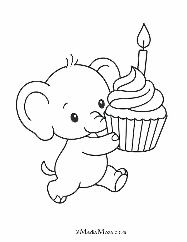 Happy Birthday Coloring Pages For All Ages(16 Free Printables) 15 baby elephant carrying a cupcake coloring page, colouring pages of birthday wishes, happy birthday colouring pages for all