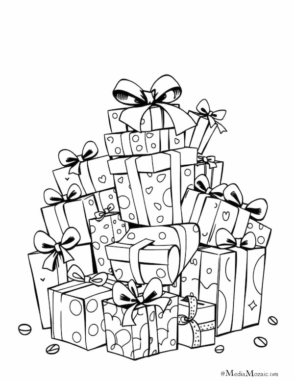 Happy Birthday Coloring Pages For All Ages(16 Free Printables) 8 Stack of birthday presents with ribbons and bows – fun free coloring sheet for children, birthday presents coloring page