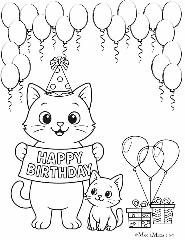 Happy Birthday Coloring Pages For All Ages(16 Free Printables) 5 Two cats holding a happy birthday, sign, happy birthday celebration, colouring page, cute animals colouring page,printable birthday coloring cards, happy birthday colouring in pages, colouring pages happy birthday, birthday coloring pages for free, happy birthday mommy coloring pages, free coloring pages for birthdays, happy birthday coloring pages for mom, free happy birthday coloring pages, happy birthday coloring pages free, happy birthday mom colouring pages