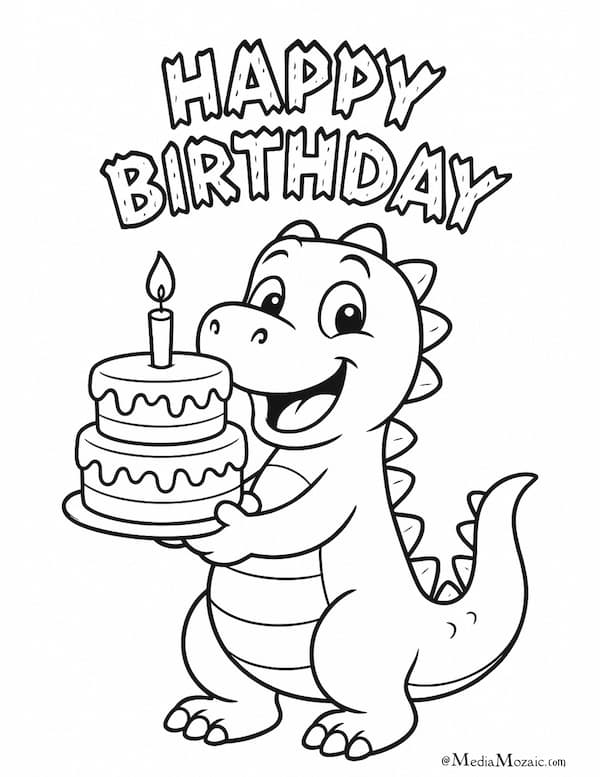 Happy Birthday Coloring Pages For All Ages(16 Free Printables) 4 Cute dinosaur holding birthday cake - free printable birthday coloring page for kids, happy birthday Dino colouring page,printable birthday coloring cards, happy birthday colouring in pages, colouring pages happy birthday, birthday coloring pages for free, happy birthday mommy coloring pages, free coloring pages for birthdays, happy birthday coloring pages for mom, free happy birthday coloring pages, happy birthday coloring pages free, happy birthday mom colouring pages
