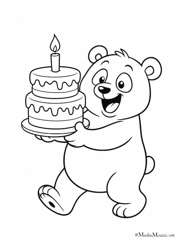 Happy Birthday Coloring Pages For All Ages(16 Free Printables) 3 Cute bear carrying a birthday cake, happy birthday pages for all our ages,birthday coloring pages for free,printable birthday coloring cards, happy birthday colouring in pages, colouring pages happy birthday, birthday coloring pages for free, happy birthday mommy coloring pages, free coloring pages for birthdays, happy birthday coloring pages for mom, free happy birthday coloring pages, happy birthday coloring pages free, happy birthday mom colouring pages