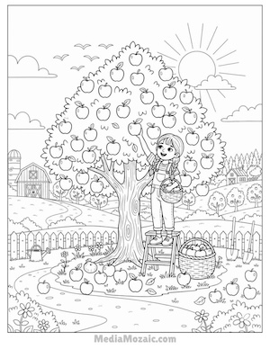 Free Printable Thanksgiving Coloring Pages for kids & Adults 12 a girl picking apples in the garden, harvest coloring pages, apples coloring pages for kids and adults