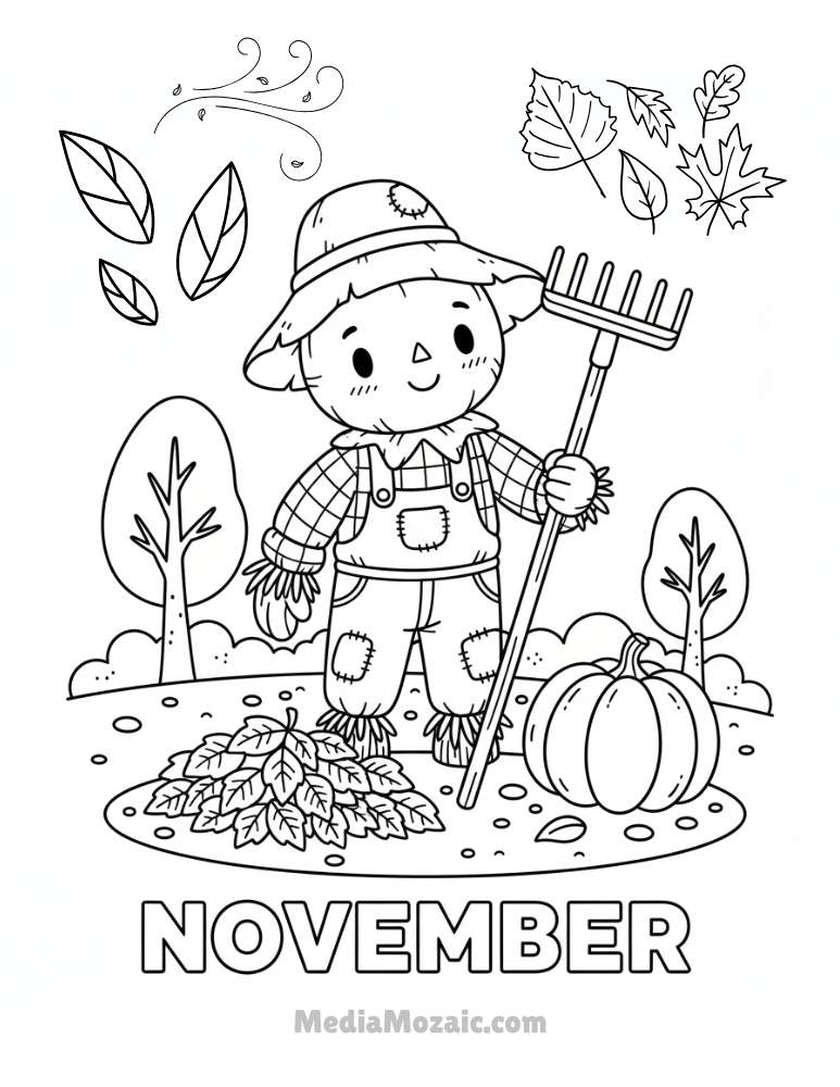8 Free Printable November Coloring Pages PDF– Cozy Fall & Thanksgiving Designs 8 Harvest scarecrow November coloring page holding rake beside pumpkin and leaf pile
