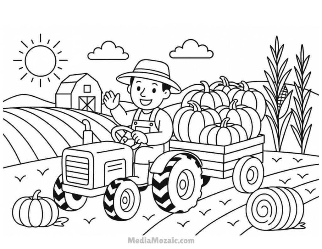 Free Printable Thanksgiving Coloring Pages for kids & Adults 13 a farmer carrying pumpkins fall harvest coloring page