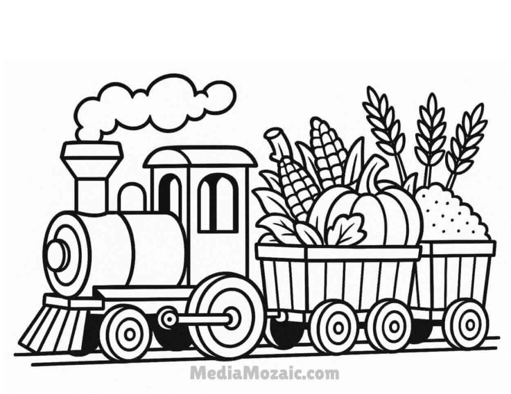 Free Printable Thanksgiving Coloring Pages for kids & Adults 14 a train carrying autumn harvest coloring page for kids and adults,