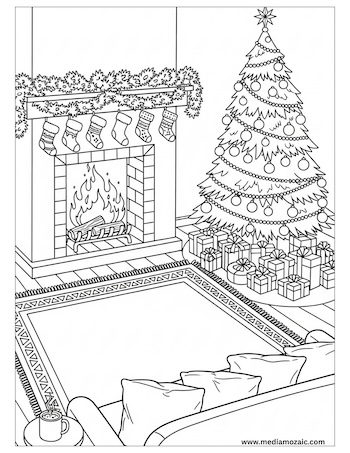 Free Printable Cozy Coloring Pages for Kids and Adults 1 cozy christmas coloring page with illuminated fireplace and christmas trees with gifts, cozy christmas living room