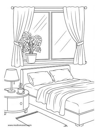 Free Printable Cozy Coloring Pages for Kids and Adults 12 free printable coloring sheets for autumn winter season, seasonal coloring images, cozy bedroom coloring sheet, cozy bed room coloring pages