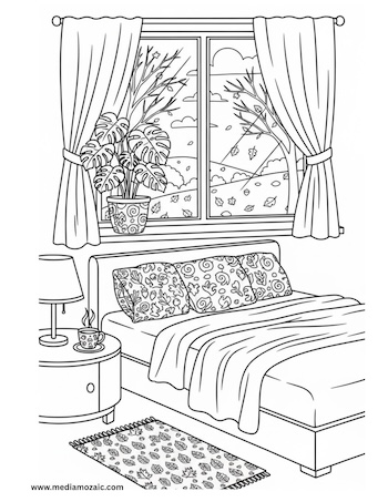 Free Printable Cozy Coloring Pages for Kids and Adults 11 cozy autumn indoor scene, bare trees outside the window, free printable coloring sheets for autumn winter season, seasonal coloring images, cozy coloring pages